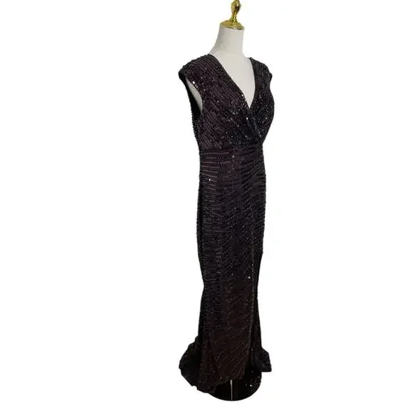 Mac Duggal 5441 Brown & Black Embellished‎ Cap Sleeve Dress Size 6 $598 - Picture 5 of 9